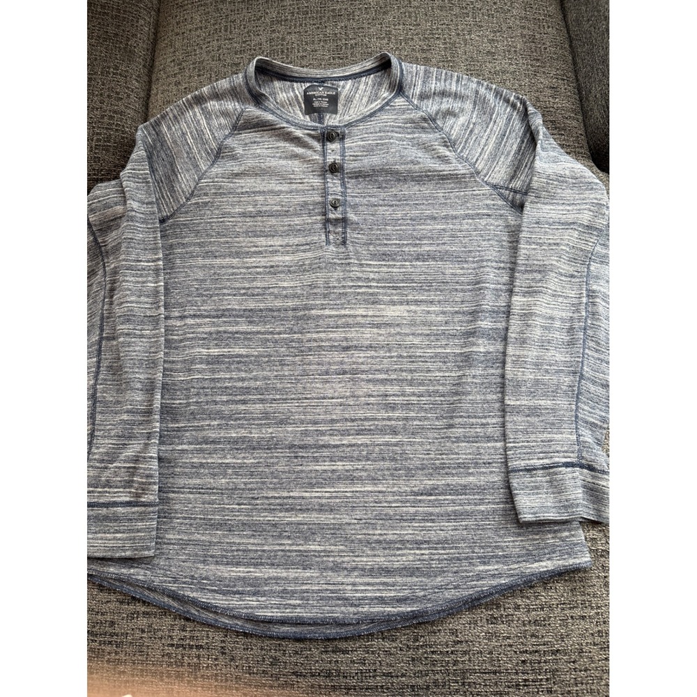 American Eagle Outfitters Mens Henley Long Sleeve Shirt Blue Heathered XL‎